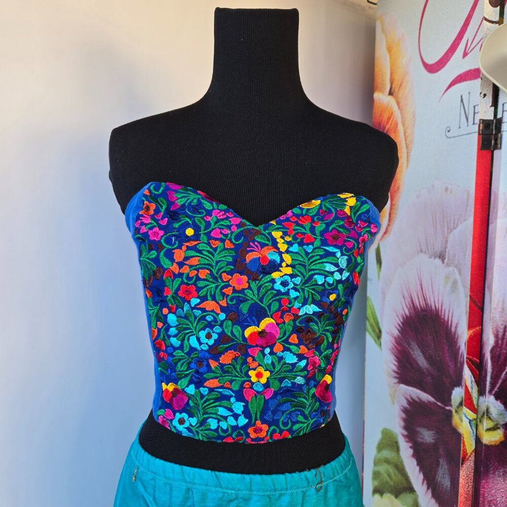 Embroidered Bustier Crop Top Cobalt Royal Blue Sweetheart Neckline Mermaid Boho